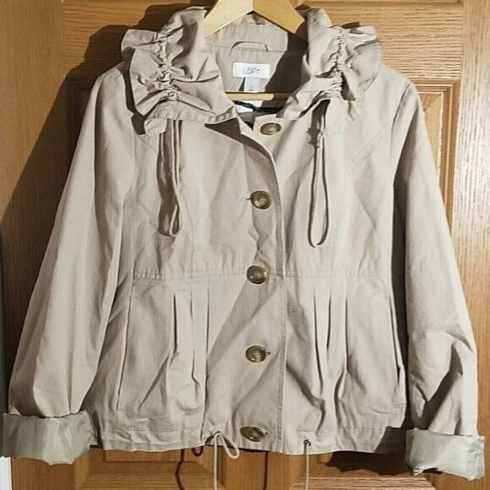 Ann Taylor LOFT Jacket Khaki Pleated Ruffle Coat Buttons up Cotton Small